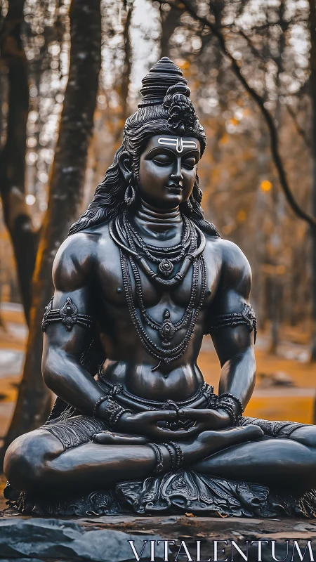 Serene dark stone Shiva statue in forest meditation pose.