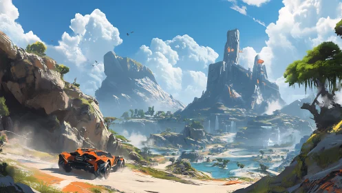 Sunlit canyon sprint toward a futuristic mountain citadel.