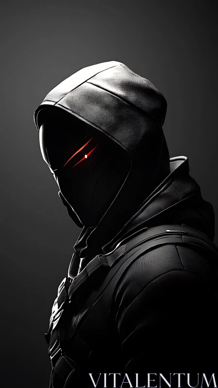Shadow-clad cyber specter with burning crimson visor gaze.