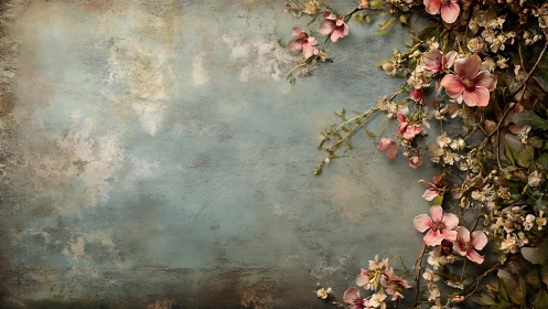 Vintage blue wall with pink flowers arranged on right side.