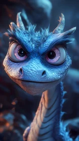 Curious blue baby dragon gazing with wide, playful eyes.