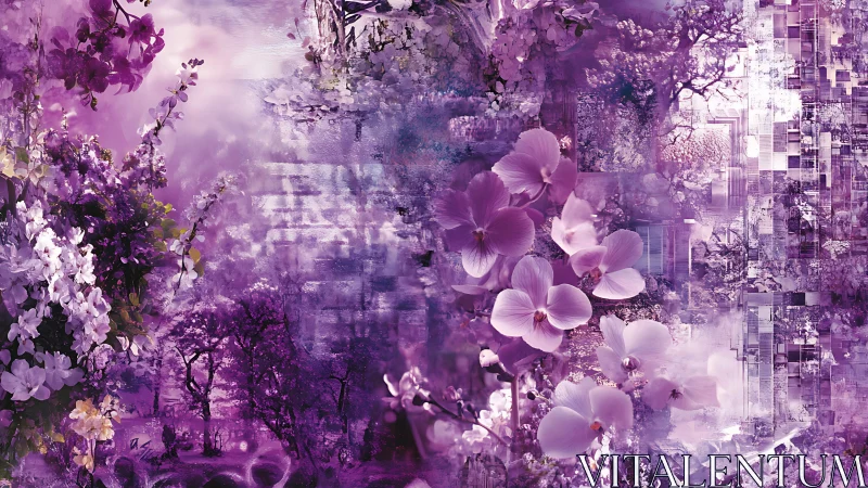 Lavender blossoms merge with abstract city reflections in dreamscape.