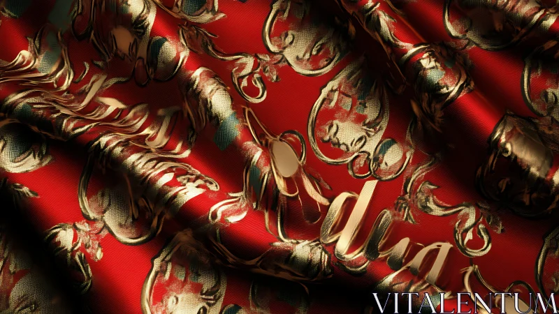 Metallic script on red fabric with ornate golden pattern.