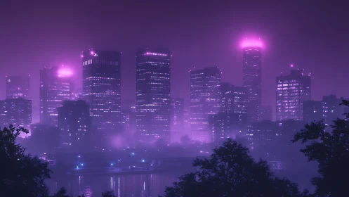 Neon magenta skyline illuminates fog-layered riverside cityscape