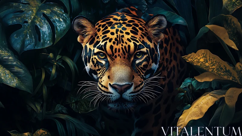 Digital painting portrait of jaguar emerging from tropical foliage.