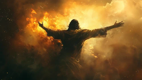 Backlit robed figure embracing radiant golden firestorm