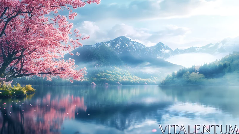 Pink blossoms over misty lake with distant snowy mountains.