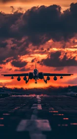 Jet silhouette climbs through incendiary sunset clouds.