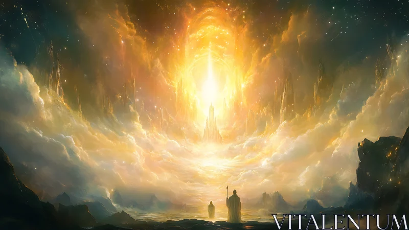 Two robed figures observe radiant celestial gateway