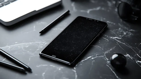 Modern Tech Workspace: Smartphone with Starfield Display on Black Marble.
