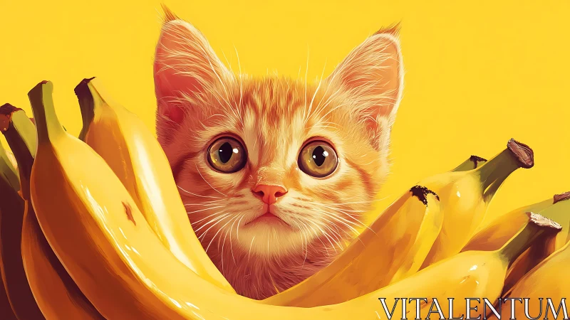 Feline Subject Nestled Among Bananas Against Saturated Yellow Field