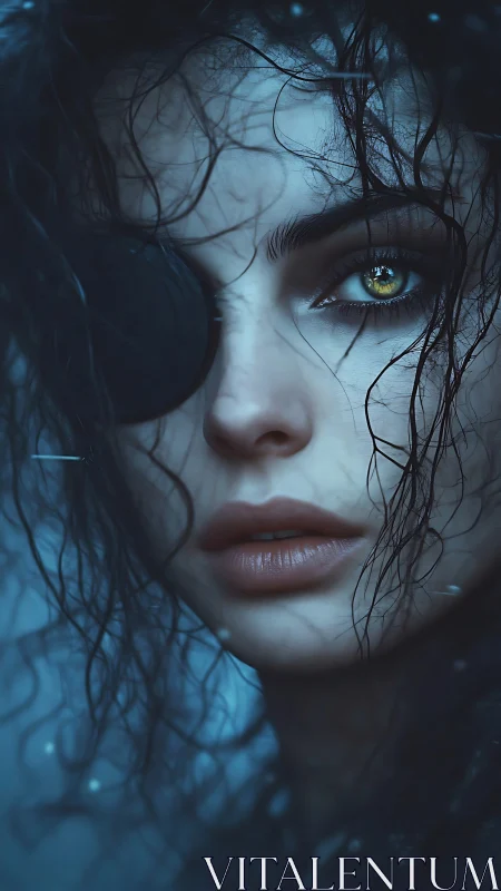Mystic pirate woman with glowing eye in stormy blue light.