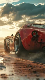 Low-angle sunset render of weathered red endurance racer.
