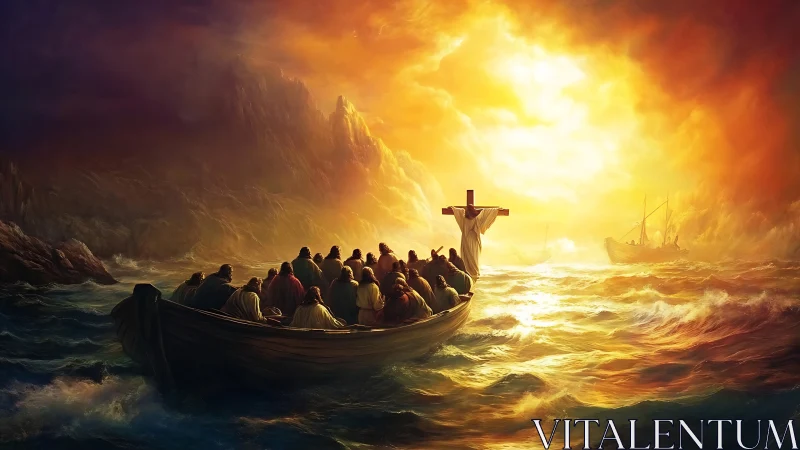 Stormlit disciples drift toward a blazing horizon of faith