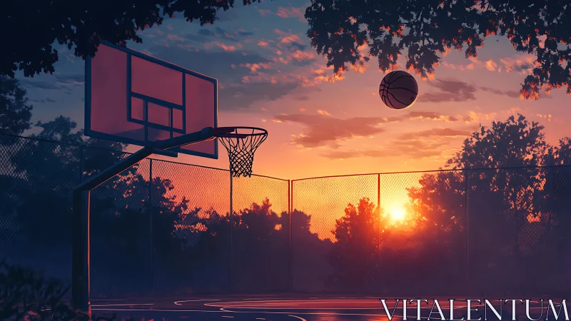 Outdoor basketball court shows ball in midair at sunset