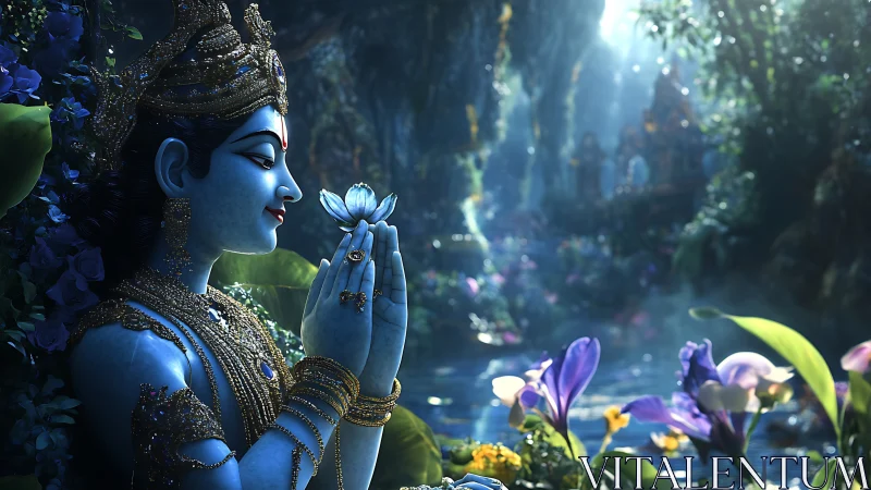 Divine blue deity in jeweled prayer within luminous forest