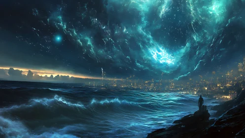 Cosmic storm over futuristic coastline in cinematic digital painting.