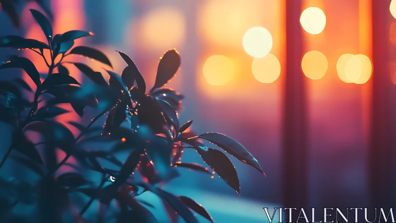 Neon dusk kisses raindropped leaves in dreamy bokeh glow.