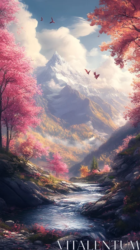 Snowy mountain rises above a vibrant pink valley stream.