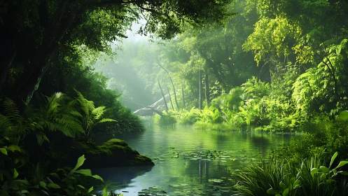 Verdant Waterway Breathes Where Jungle Canopy Filters Ethereal Light