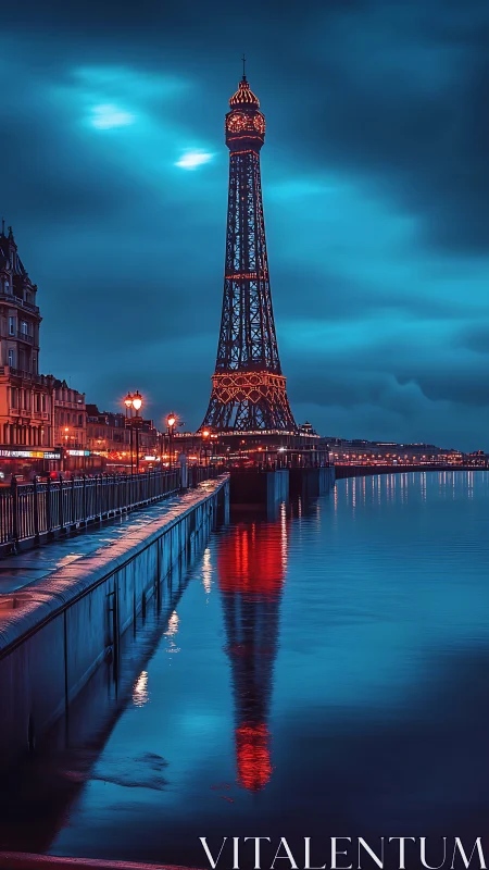 Luminous tower glows over calm riverside promenade at dusk.