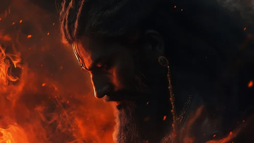 Firelit warrior’s calm gaze meets swirling embers in night