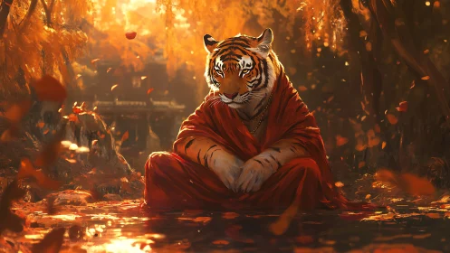 Tiger monk quietly steeps autumn light into river silence