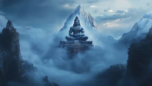 Sky-borne blue deity meditating above mist-laden peaks.
