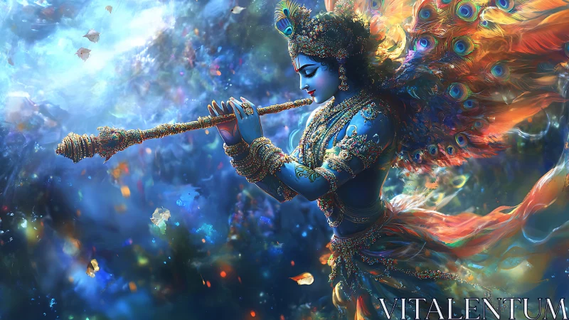 Blue divine musician with radiant peacock feather aura