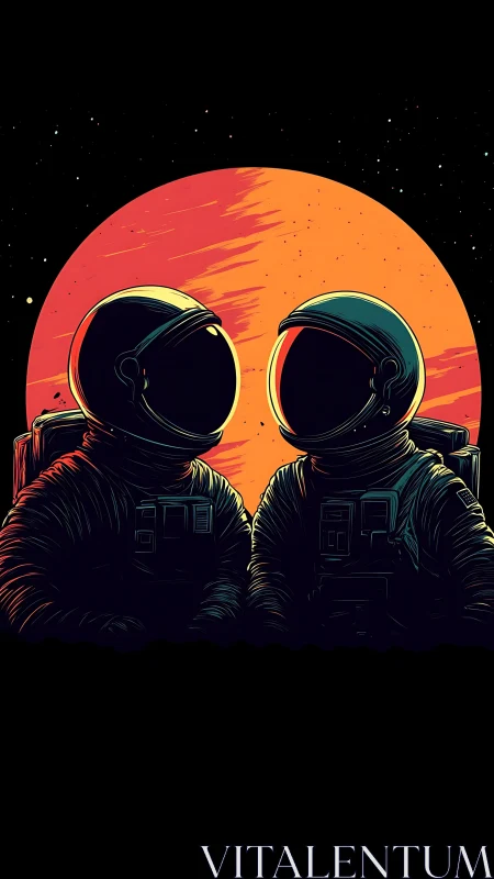 Star-kissed astronauts share quiet orbit beneath molten sun.