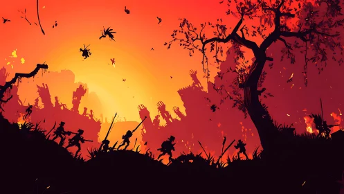 Apocalyptic Uprising: Silhouettes Battle Burning Skies.