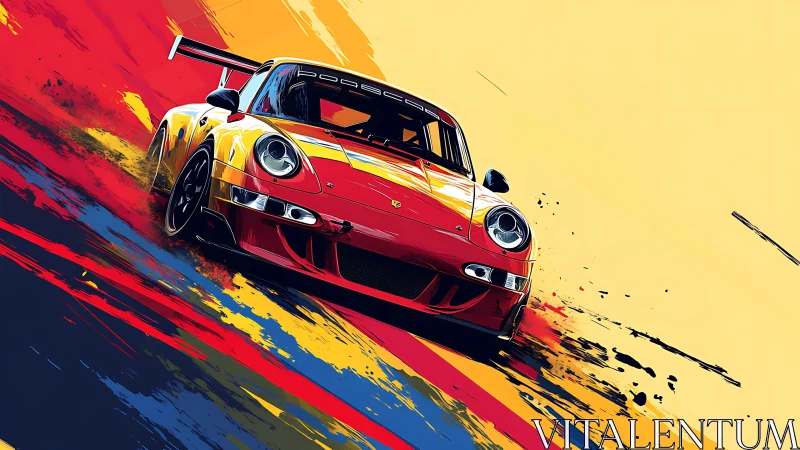 Red racing Porsche cuts dynamic strokes through color field.