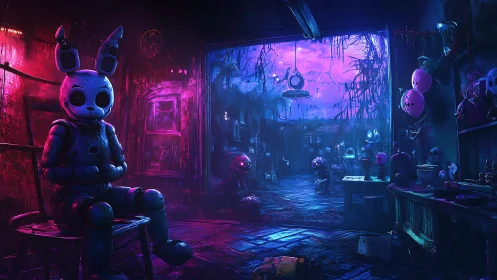 Robot rabbit in neon haunted workshop environment.
