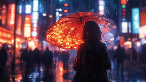 Woman with red umbrella in neon city street at night.