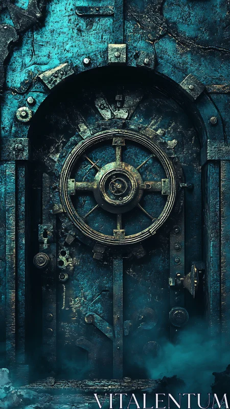 Corroded steel vault door with central wheel lock in mist