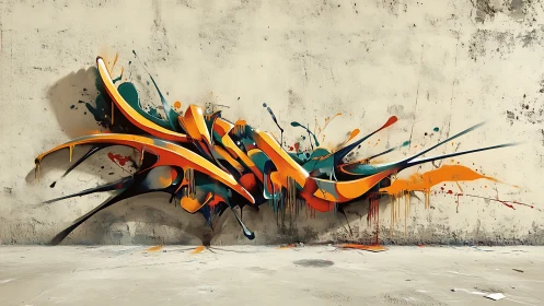 Dynamic street graffiti explodes in sweeping color arcs.