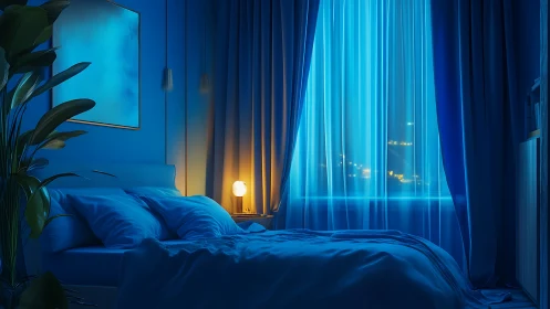 Soft blue bedroom glows with gentle night city light
