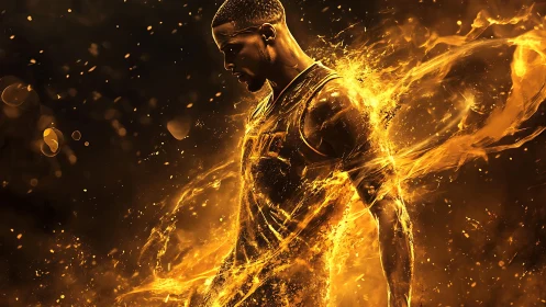 Blazing basketball player bursts with fiery, unstoppable energy