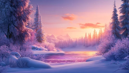 Gentle winter sunrise glows over a peaceful snowy river