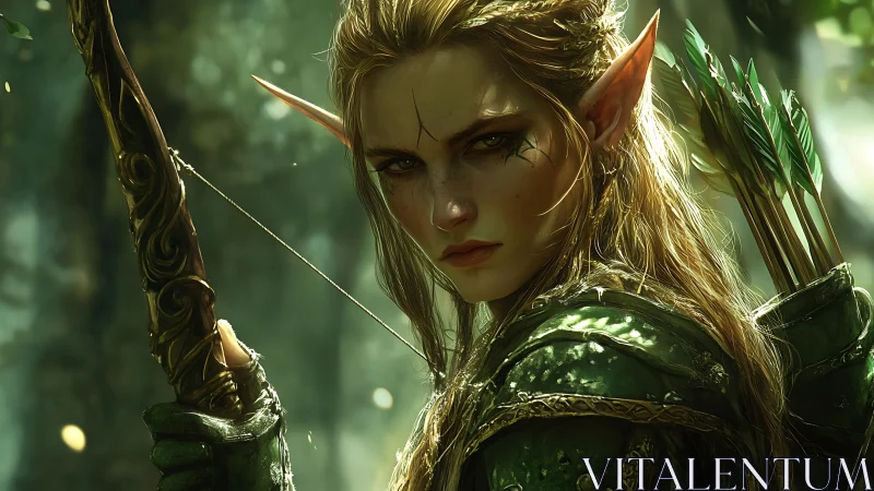 Fierce elf archer watching over her sunlit forest home.