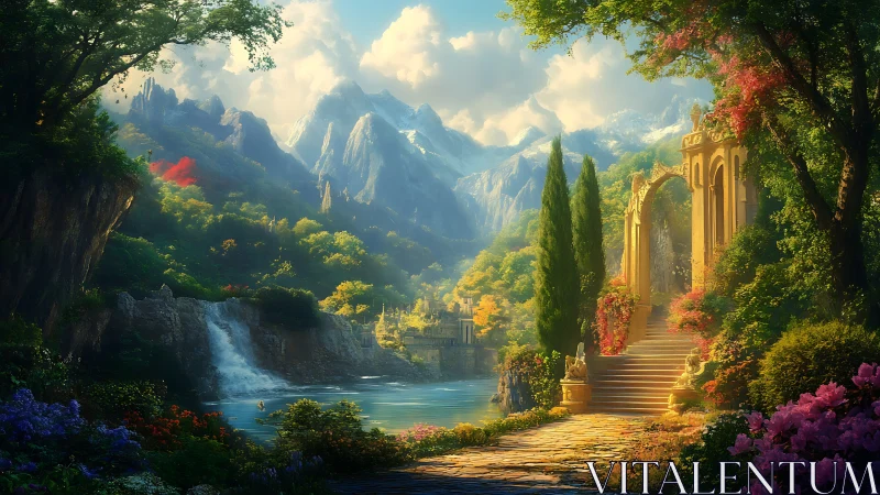 Terraced riverside garden with mountains and stone archway.