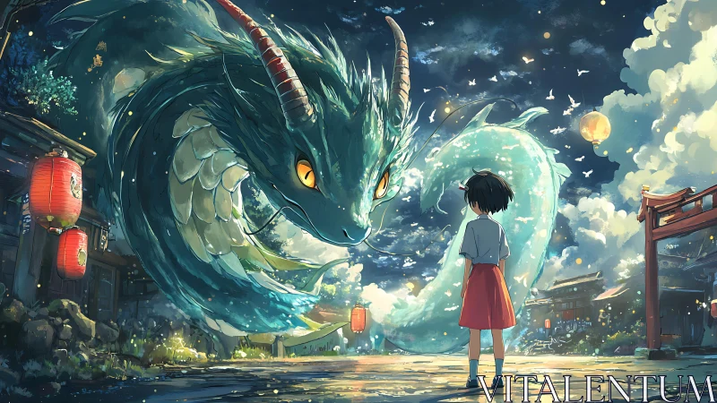 Girl confronts celestial water dragon in lantern-lit street