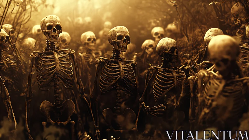Skeleton horde under golden mist in eerie forest scene.