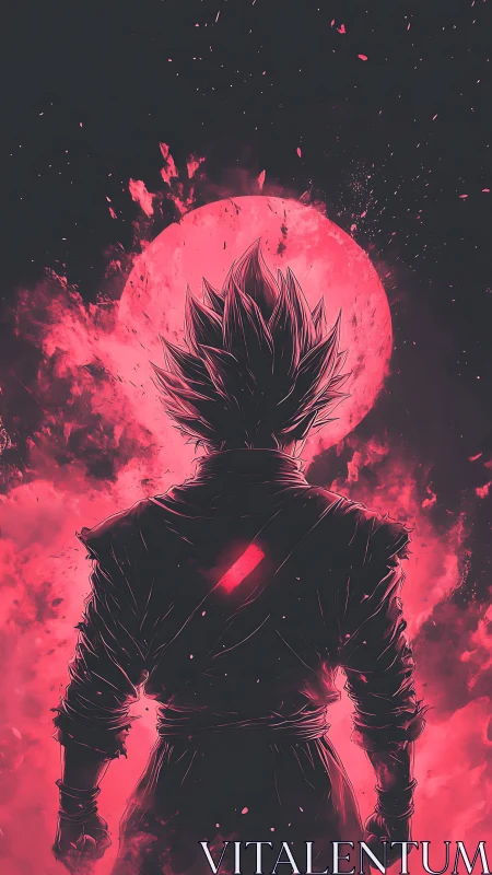 Warrior silhouette confronts a blazing crimson moon sky