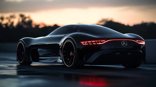 Mercedes concept hypercar glows under cinematic sunset sky.