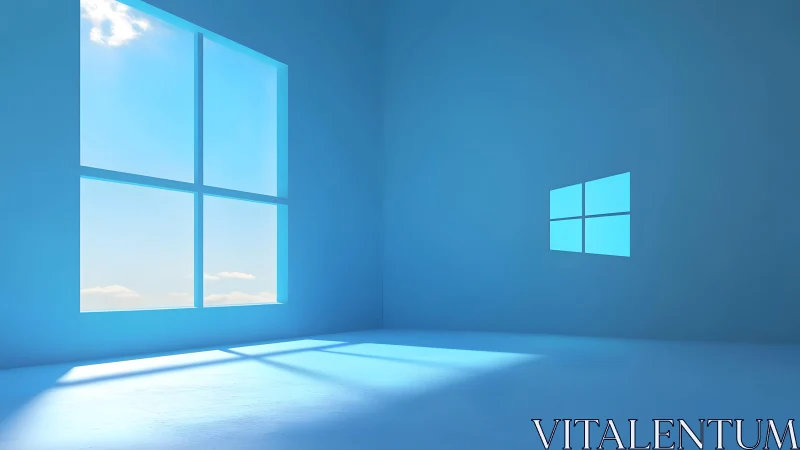 Minimalist blue room with large window and digital window symbol.