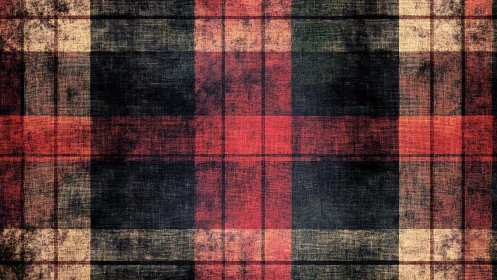 Distressed red and black tartan textile pattern surface.
