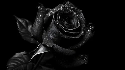 Close-up black rose with water droplets on dark background.