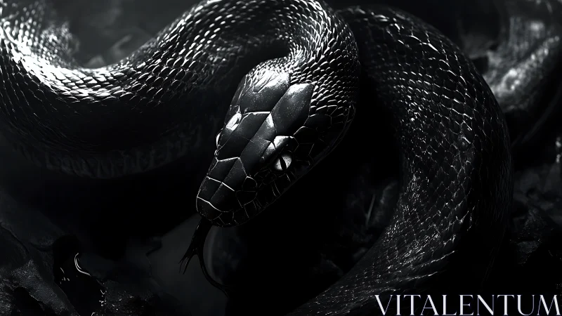 Coiled black serpent in dramatic monochrome light study.