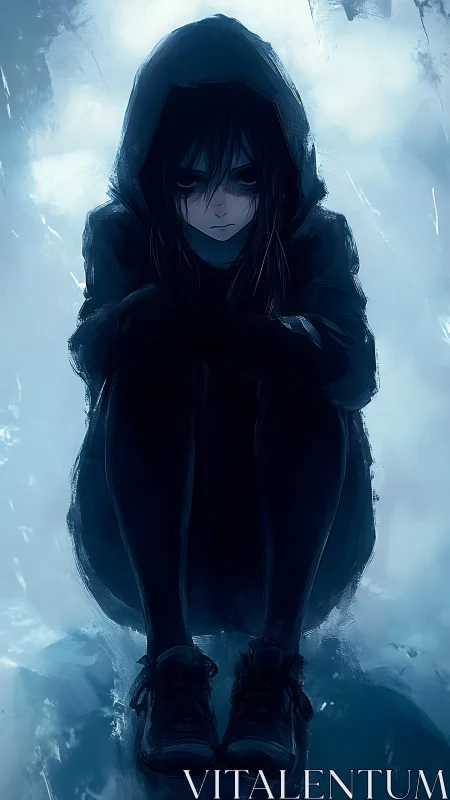 Moody anime portrait of hooded figure in cold blue chiaroscuro.